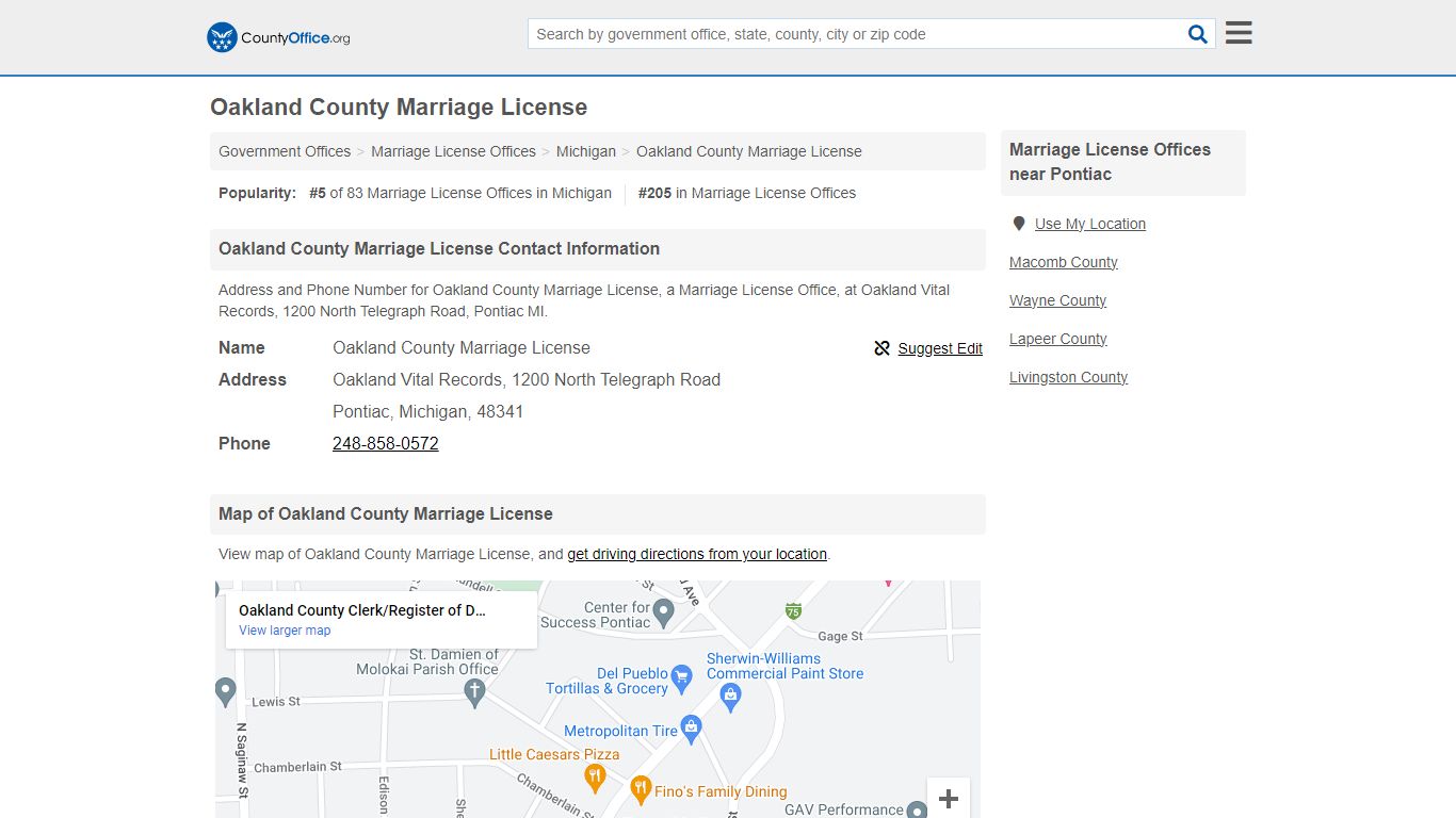 Oakland County Marriage License - Pontiac, MI (Address and Phone)