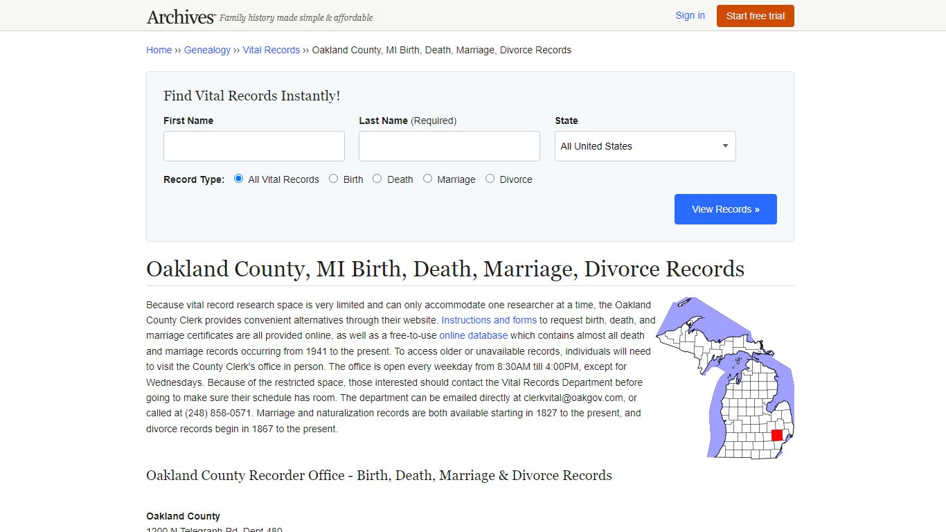Oakland County, MI Birth, Death, Marriage, Divorce Records - Archives.com